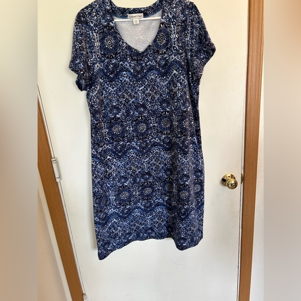 Coldwater creek XLP Cotton and modal blend short sleeve blue and white dress